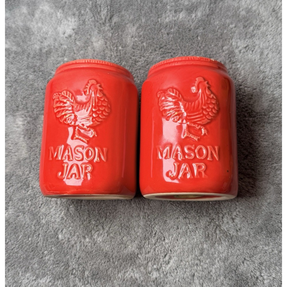Vintage Mason Jars Red Rooster Ceramic Salt And Pepper Shakers